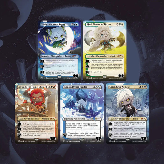 Five Magic: The Gathering planeswalker cards from Secret Lair Drop Li’l Walkers set