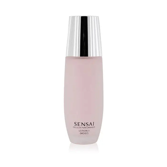Pink frosted glass bottle of Sensai Cellular Performance Lotion II with silver cap