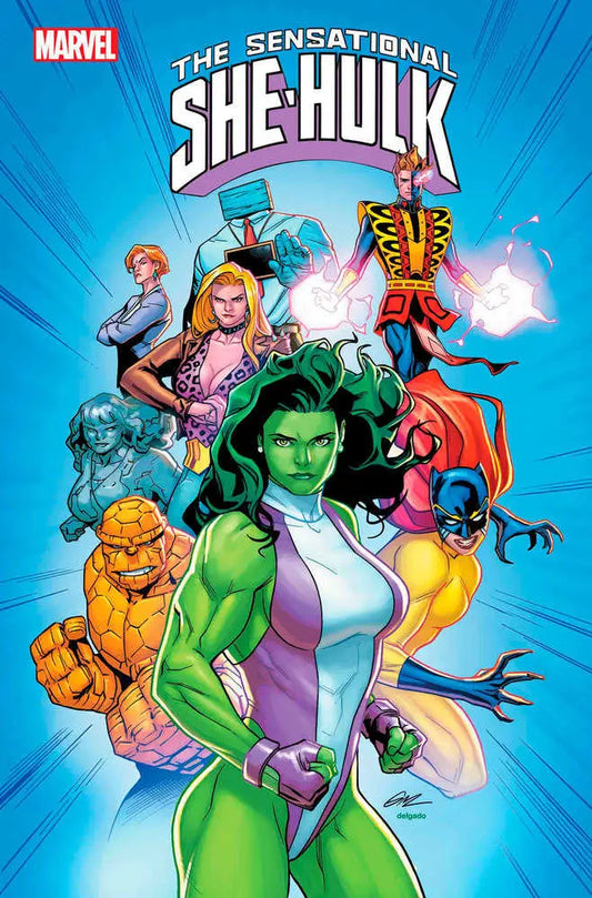 Comic book cover of Sensational She-Hulk #10 with Marvel superheroes in action poses