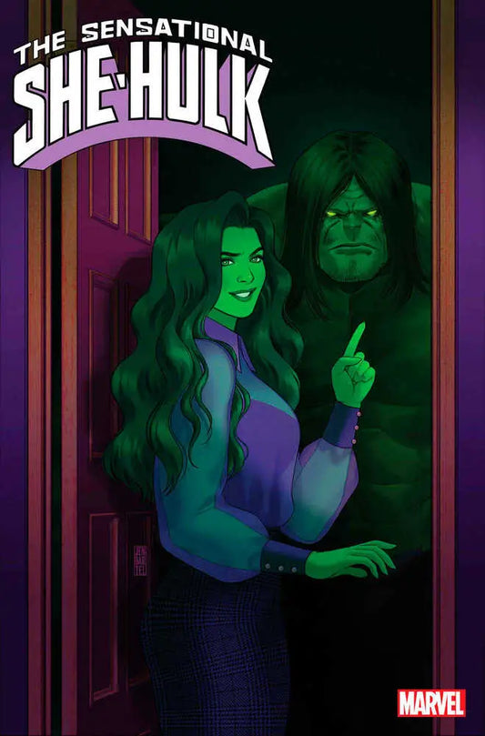 Comic book cover art for Sensational She-Hulk in the Marvel Universe featuring a green character