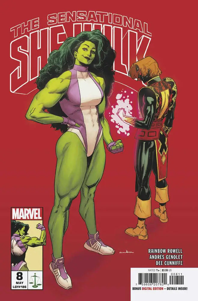Comic book cover of Sensational She-Hulk #8 wearing pink outfit and sneakers for trading cards