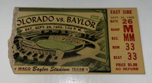 Vintage Baylor Bears vs Colorado Buffaloes ticket stub from September 24, 1966