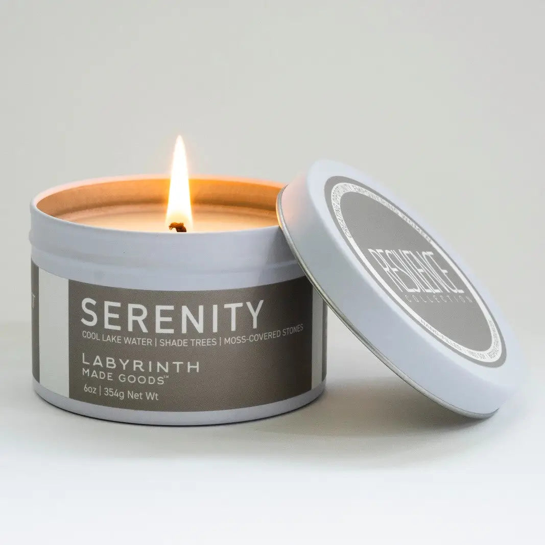 Serenity candle is filled in a beautiful custom glass vessel with the word - 35-hour burn - candle