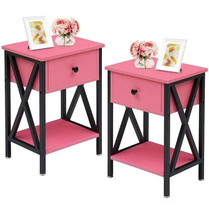Set of 2 - 1-Drawer Nightstand Bedside Table in Pink and Black - Nightstand