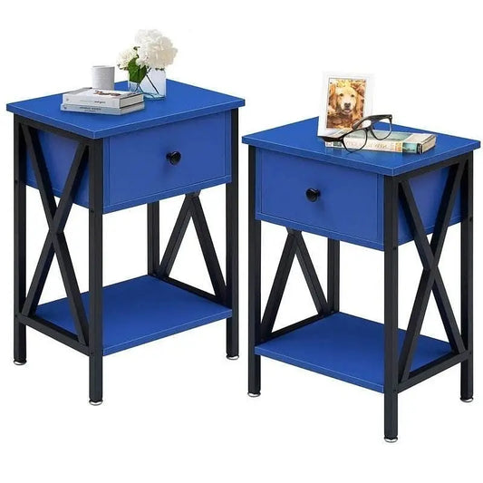 Set of 2 - 1 Drawer Nightstand in Dark Blue and Black - Nightstand