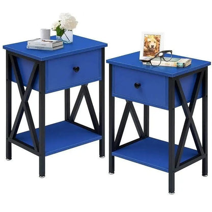 Set of 2 - 1 Drawer Nightstand in Dark Blue and Black - Nightstand