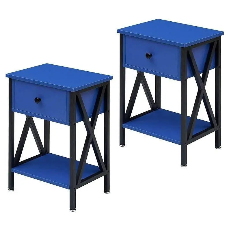Set of 2 - 1 Drawer Nightstand in Dark Blue and Black - Nightstand