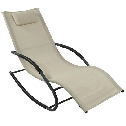 Set of 2 Beige Rocking Chaise Lounger Patio Lounge Chair with Pillow - Patio Chairs