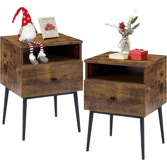 Set of 2 - Mid Century Modern Side Table Nightstand in Brown Black Wood Finish - Nightstand
