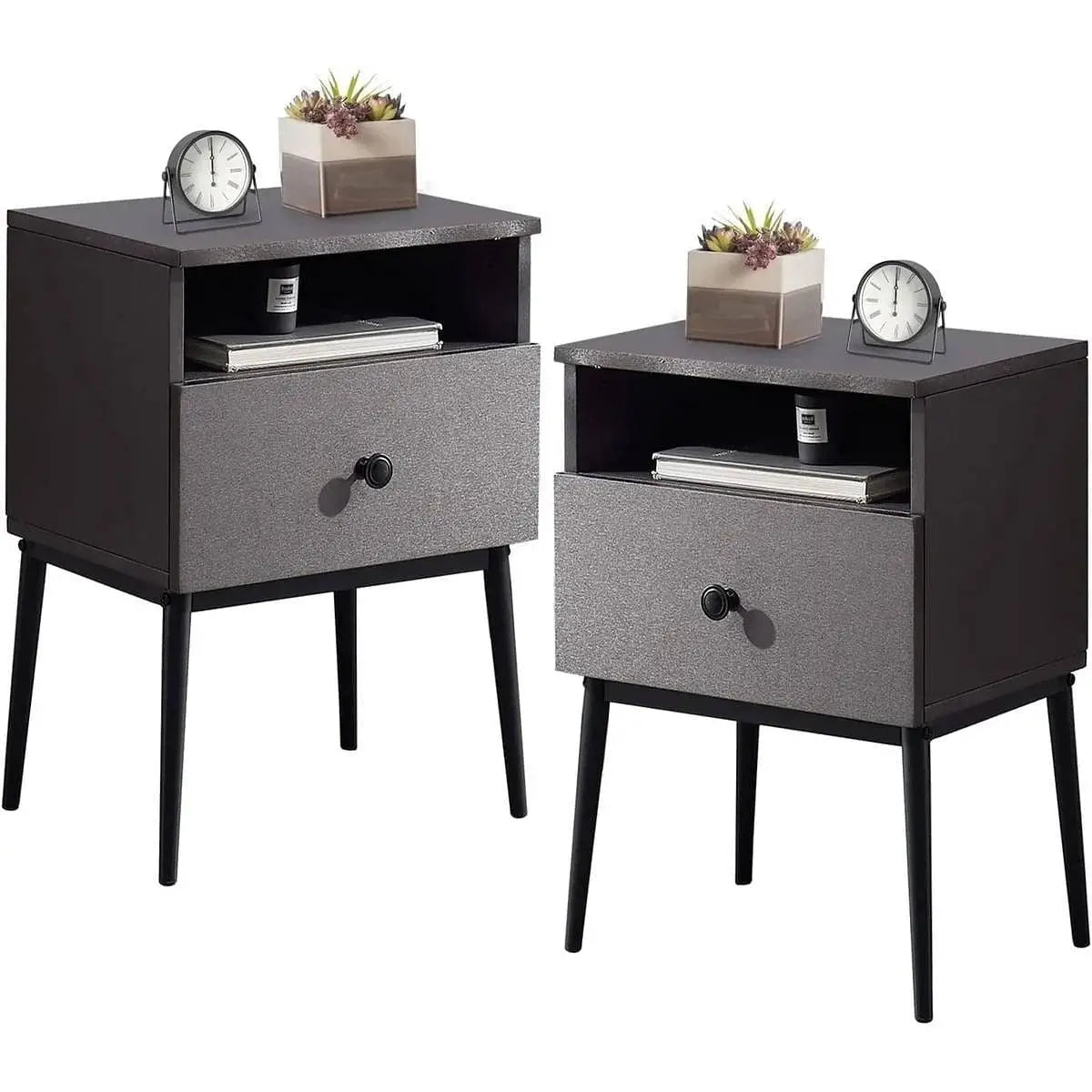 Set of 2 - Mid Century Modern Side Table Nightstand in Grey Black Wood Finish - Nightstand