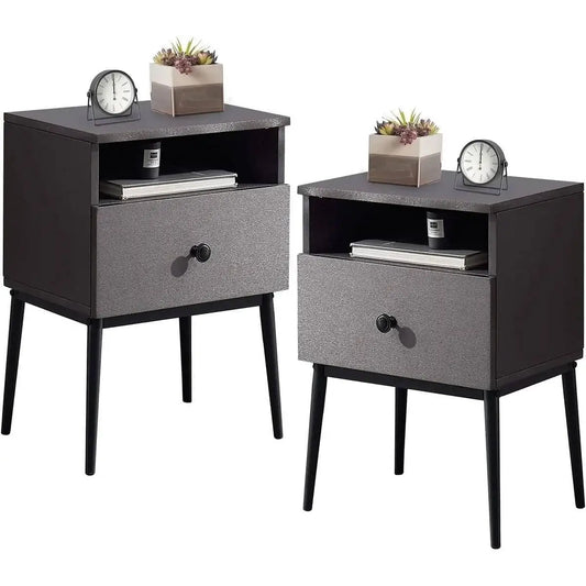 Set of 2 - Mid Century Modern Side Table Nightstand in Grey Black Wood Finish - Nightstand