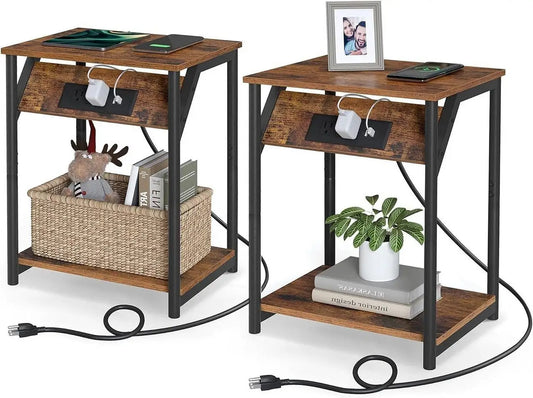 Set of 2 - Nightstand End Tables Charging Station with 2 USB ports - Nightstand