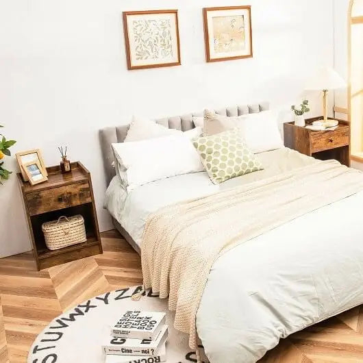 Set of 2 Nightstand with Drawer Cabinet End Side Table Raised Top-Brown - Color:White - Nightstands