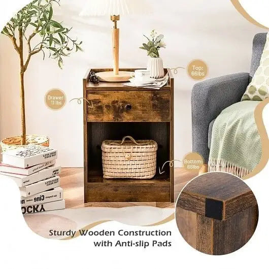 Set of 2 Nightstand with Drawer Cabinet End Side Table Raised Top-Brown - Color:White - Nightstands