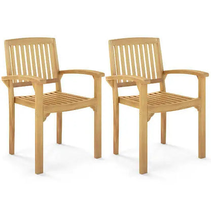 Set of 2 Outdoor Patio Chair with Slatted Seat and Curved Seat - Color:Natural - Patio Dining Chairs