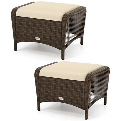 Set of 2 Outdoor Patio PE Wicker Ottomans with Removable Cushions-Beige - Color:Beige - Outdoor Seating & Patio Chairs