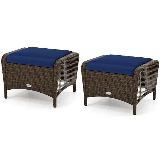 Set of 2 Outdoor Patio PE Wicker Ottomans with Removable Cushions-Beige - Color:Beige - Outdoor Seating & Patio Chairs