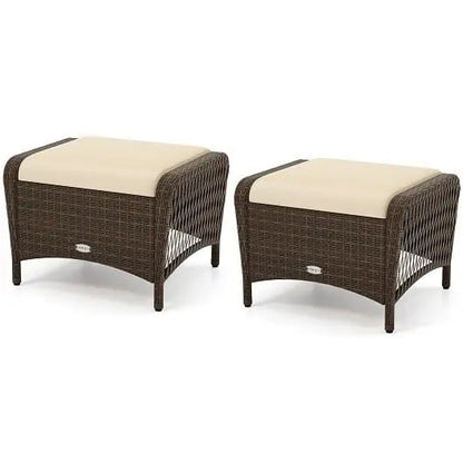 Set of 2 Outdoor Patio PE Wicker Ottomans with Removable Cushions-Beige - Color:Beige - Outdoor Seating & Patio Chairs