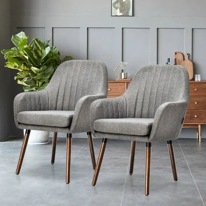 Set of 2 Retro Grey Linen Upholstered Accent Chair with Stylish Wood Legs - Living Room > Accent Chairs