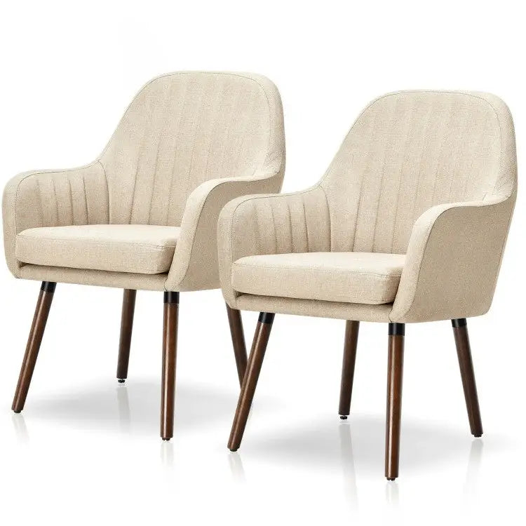 Set of 2 Retro Off-White Linen Upholstered Accent Chair with Stylish Wood Legs - Living Room > Accent Chairs