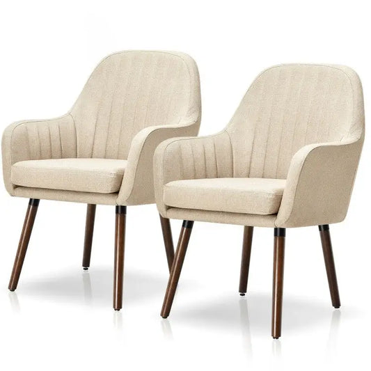 Set of 2 Retro Off-White Linen Upholstered Accent Chair with Stylish Wood Legs - Living Room > Accent Chairs