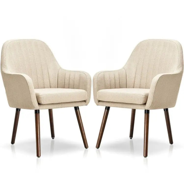 Set of 2 Retro Off-White Linen Upholstered Accent Chair with Stylish Wood Legs - Living Room > Accent Chairs