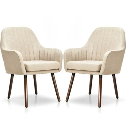 Set of 2 Retro Off-White Linen Upholstered Accent Chair with Stylish Wood Legs - Living Room > Accent Chairs