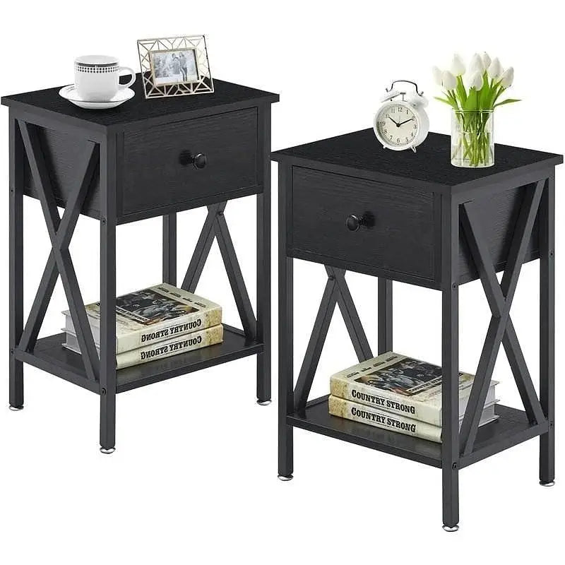 Set of 2 - Rustic 1 Drawer Black Nightstand with X-Shaped Sides - Nightstand
