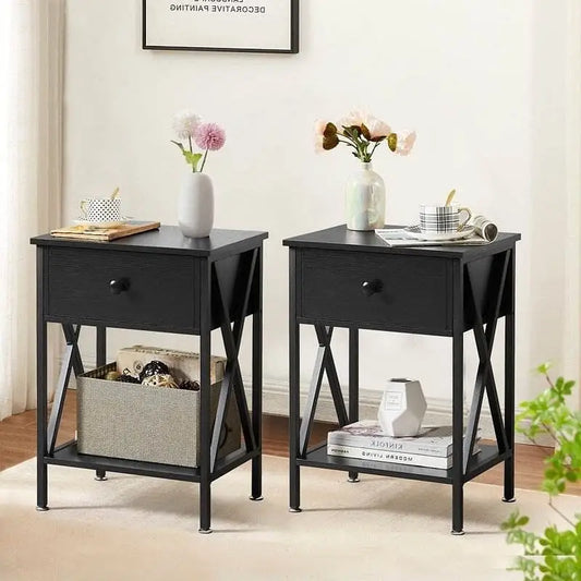 Set of 2 - Rustic 1 Drawer Black Nightstand with X-Shaped Sides - Nightstand