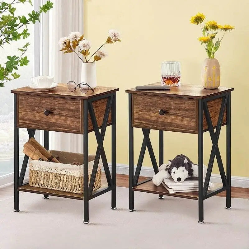 Set of 2 - Rustic 1 Drawer Nightstand in Brown and Black Wood Finish - Nightstand