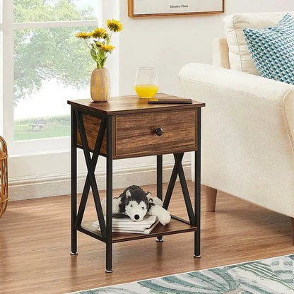 Set of 2 - Rustic 1 Drawer Nightstand in Brown and Black Wood Finish - Nightstand