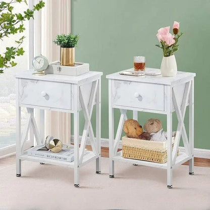 Set of 2 - Rustic Farmhouse 1-Drawer Nightstand Bedside Table in White - Nightstands