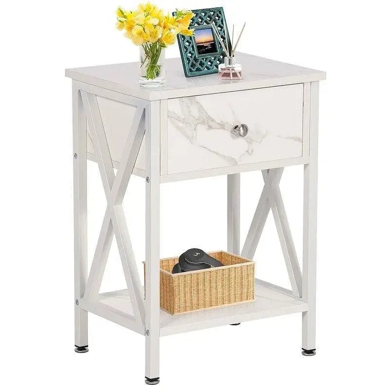 Set of 2 - Rustic Farmhouse 1-Drawer Nightstand Bedside Table in White - Nightstand