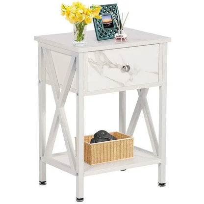 Set of 2 - Rustic Farmhouse 1-Drawer Nightstand Bedside Table in White - Nightstand