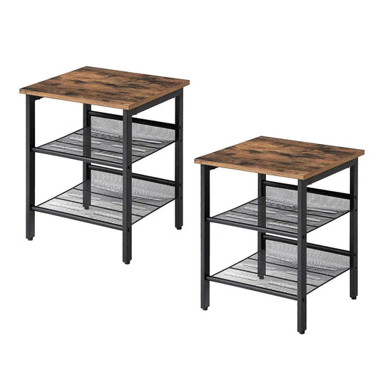 Set of 2 Side Table Nightstand with Medium Wood Finish Top and Mesh Shelves - Side Tables