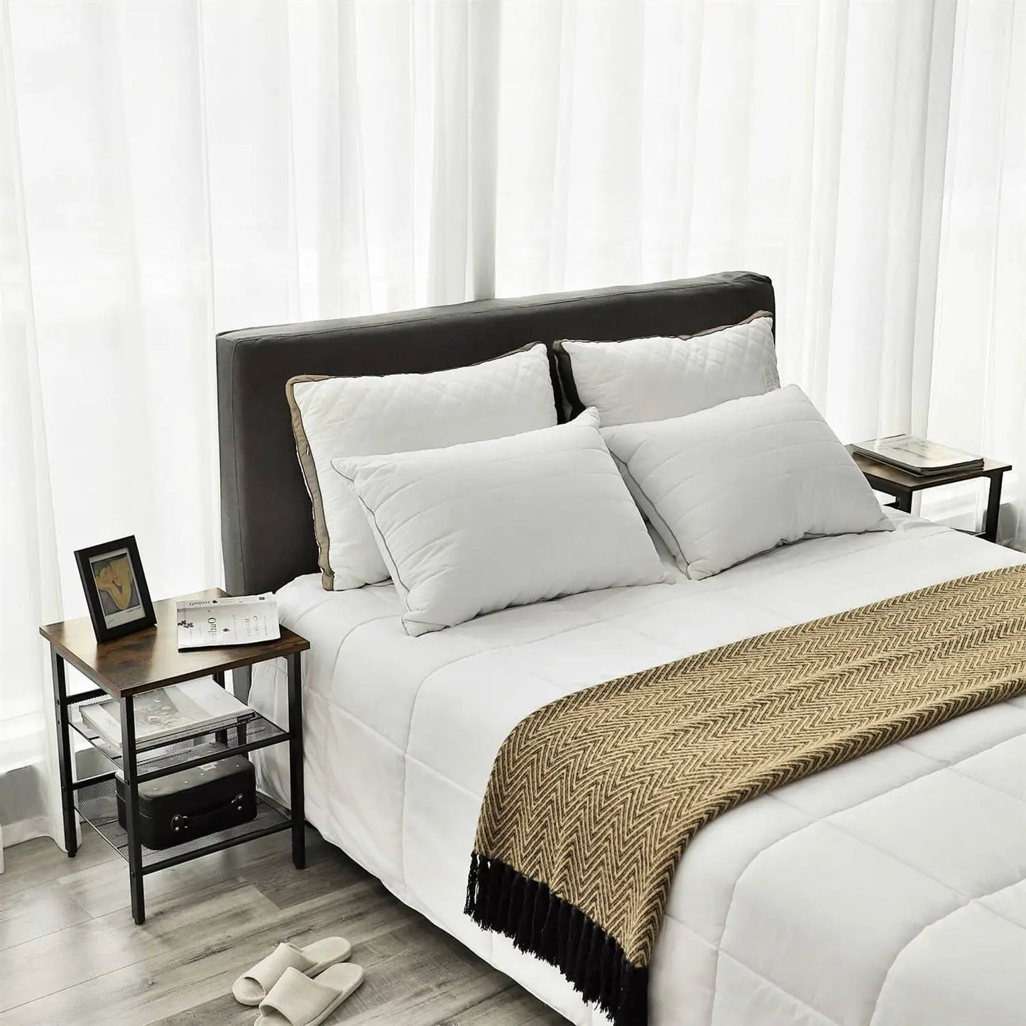 Set of 2 Side Table Nightstand with Medium Wood Finish Top and Mesh Shelves - Side Tables