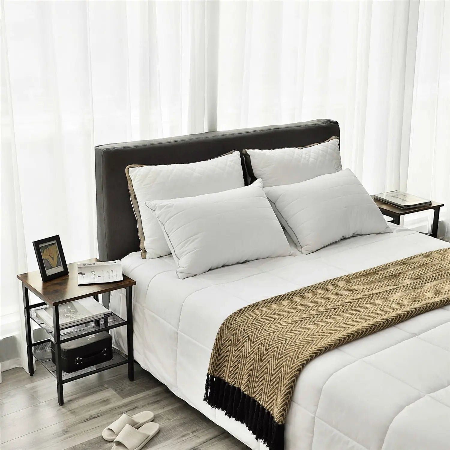 Set of 2 Side Table Nightstand with Medium Wood Finish Top and Mesh Shelves - Side Tables