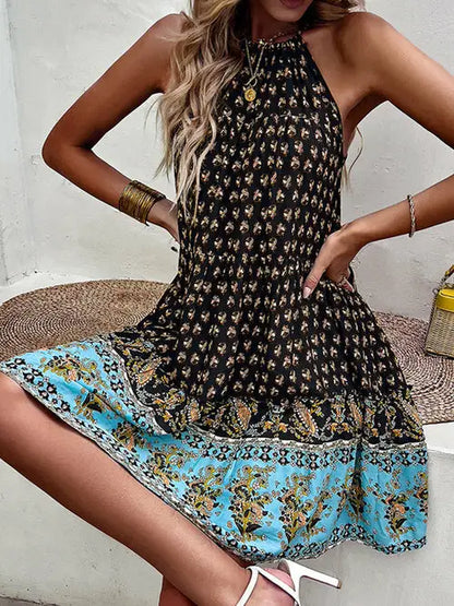 Black and blue patterned halter neck mini dress with hollow pleated design for summer party