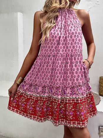 Pink and red floral print halter neck hollow pleated dress mujer for summer party