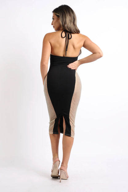 Black and beige halter neck bodycon midi dress with back slit and rhinestone fishnet contrast