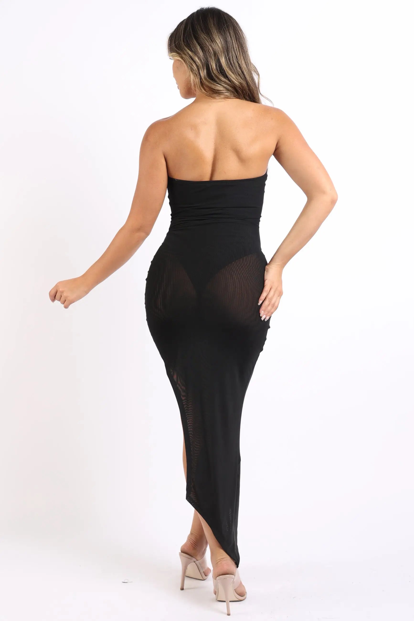Sexy off the shoulder black tube dress with sheer mesh skirt and high-low hem