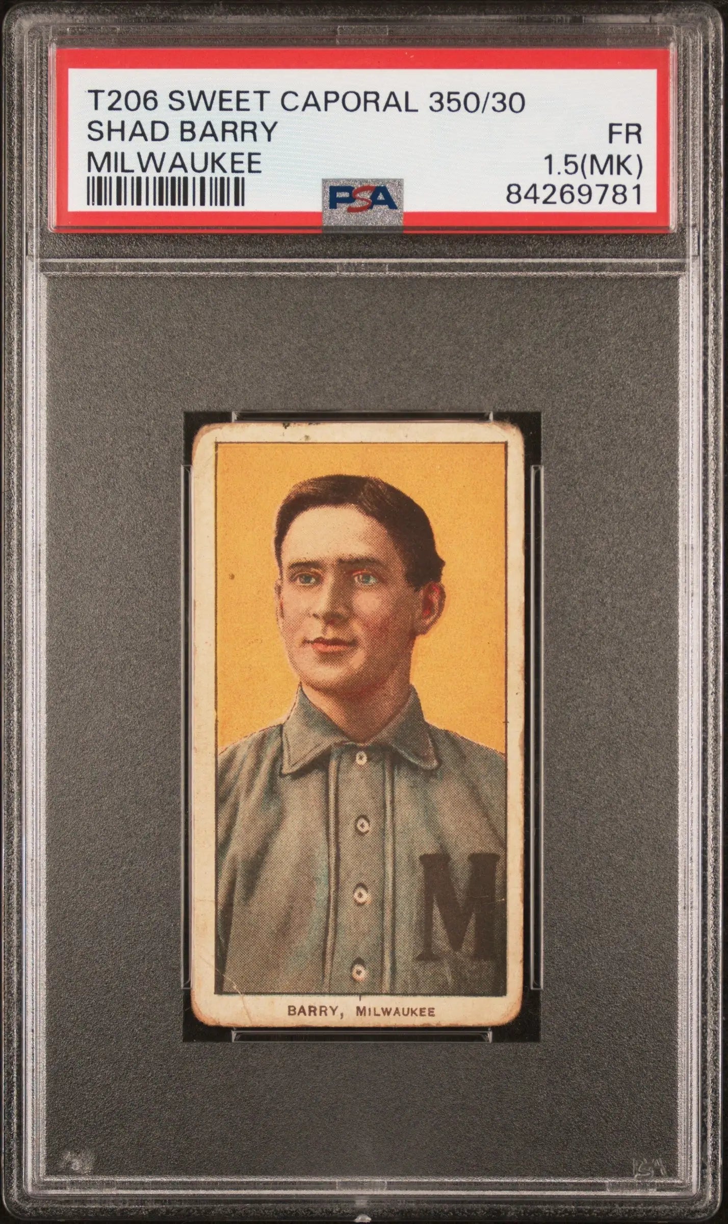 PSA-graded T206 Sweet Caporal Shad Barry baseball card in gray uniform