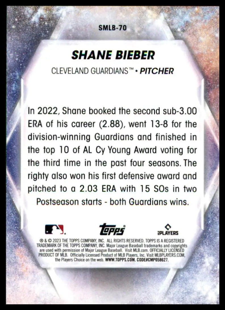 Shane Bieber baseball card back from 2023 Topps Update Stars of MLB #SMLB-70