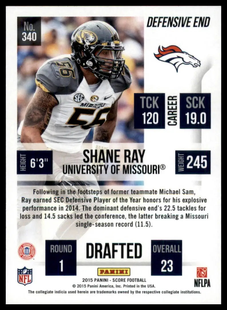 Collectible Shane Ray football card from 2015 Score featuring career stats and draft info