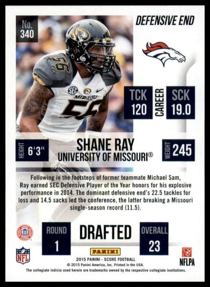 Collectible Shane Ray football card from 2015 Score featuring career stats and draft info