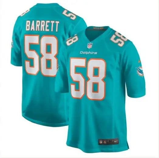 Two turquoise Shaquil Barrett Miami Dolphins Nike game jerseys with number 58