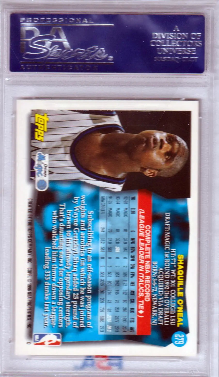 Shaquille O’Neal 1995-96 Topps basketball card Columbia Hobby gem mint magic