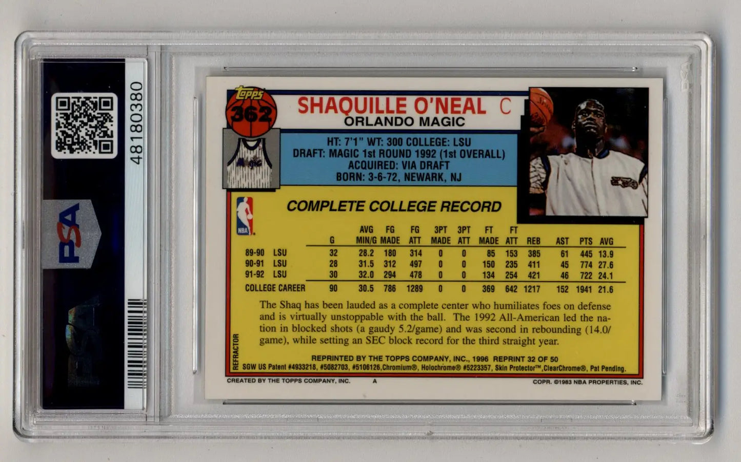 A graded Shaquille O’Neal Topps Finest Reprint basketball card PSA 9 Mint