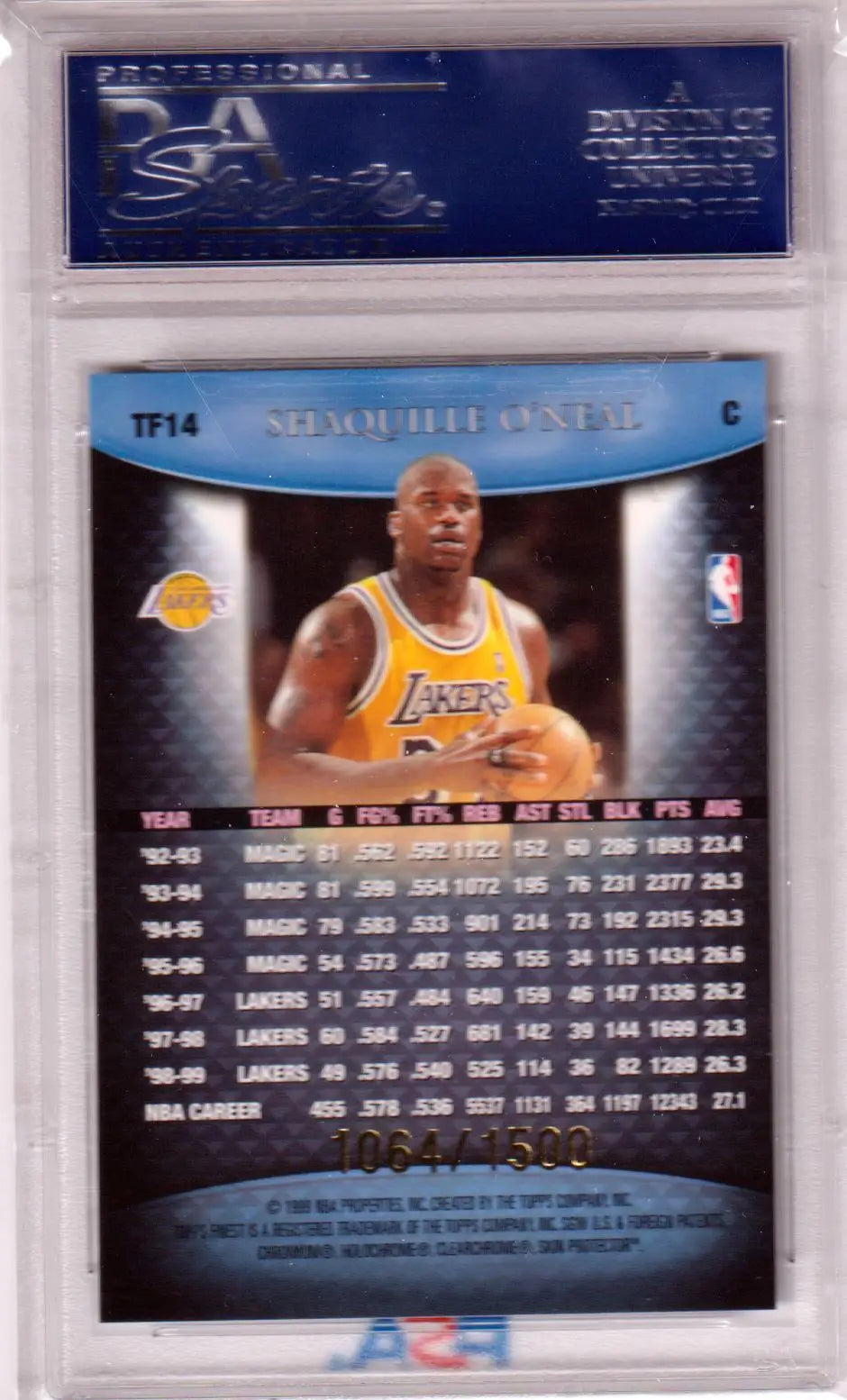 Shaquille ONeal 1999 Finest Team Blue basketball card from Columbia Hobby with PSA 10