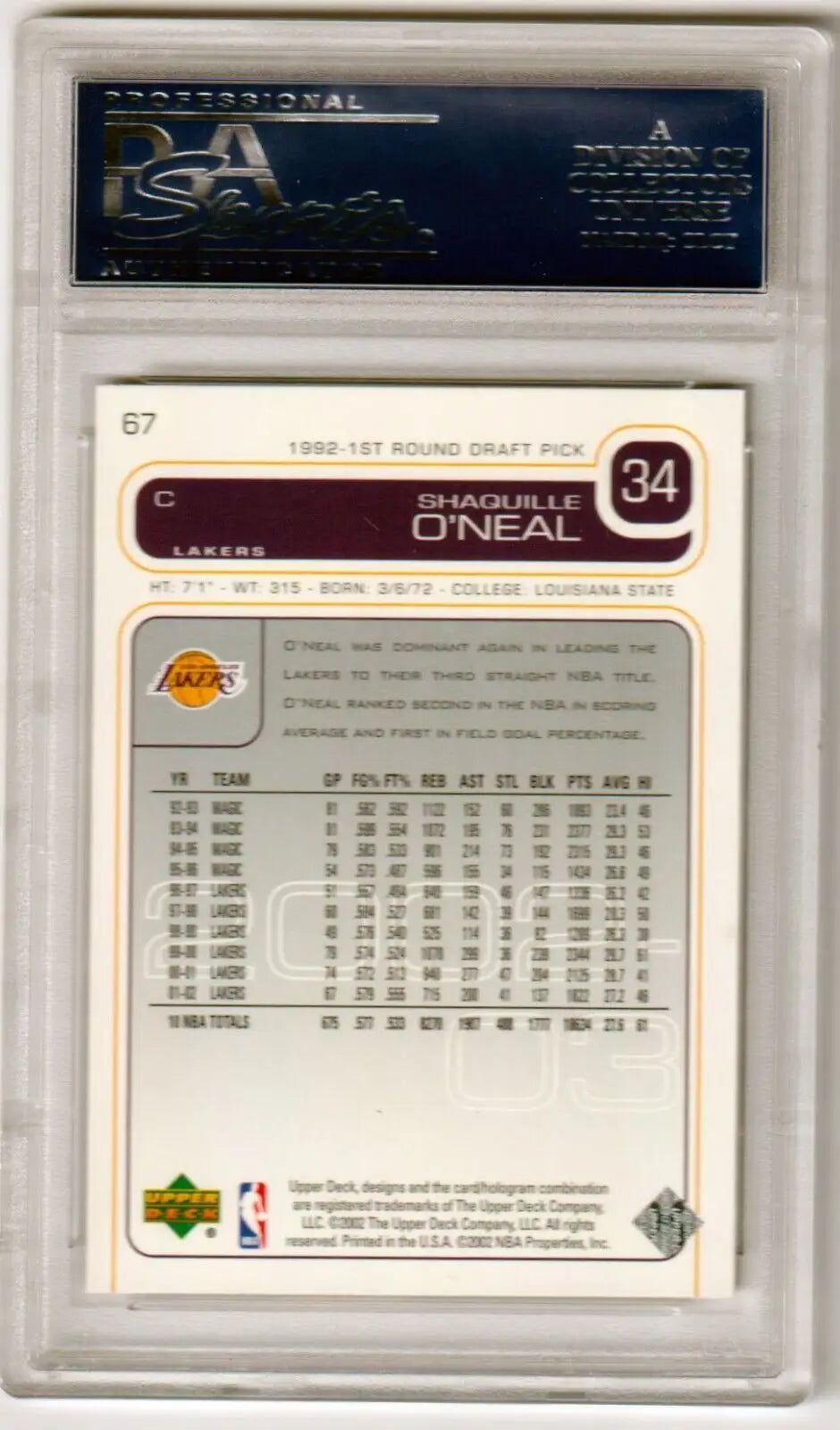 Shaquille O’Neal basketball card from Columbia Hobby, graded PSA 10 GEM MINT